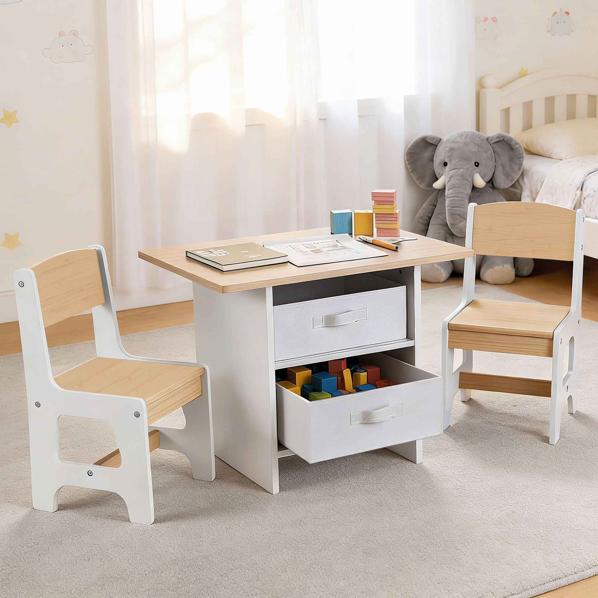 Keezi Kids Table and 2 Chairs Set Wooden Activity Table wit 2 Storage Drawers, Toddler Table and Chair Set for Children Drawing, Reading, Crafts, Eating, Natural