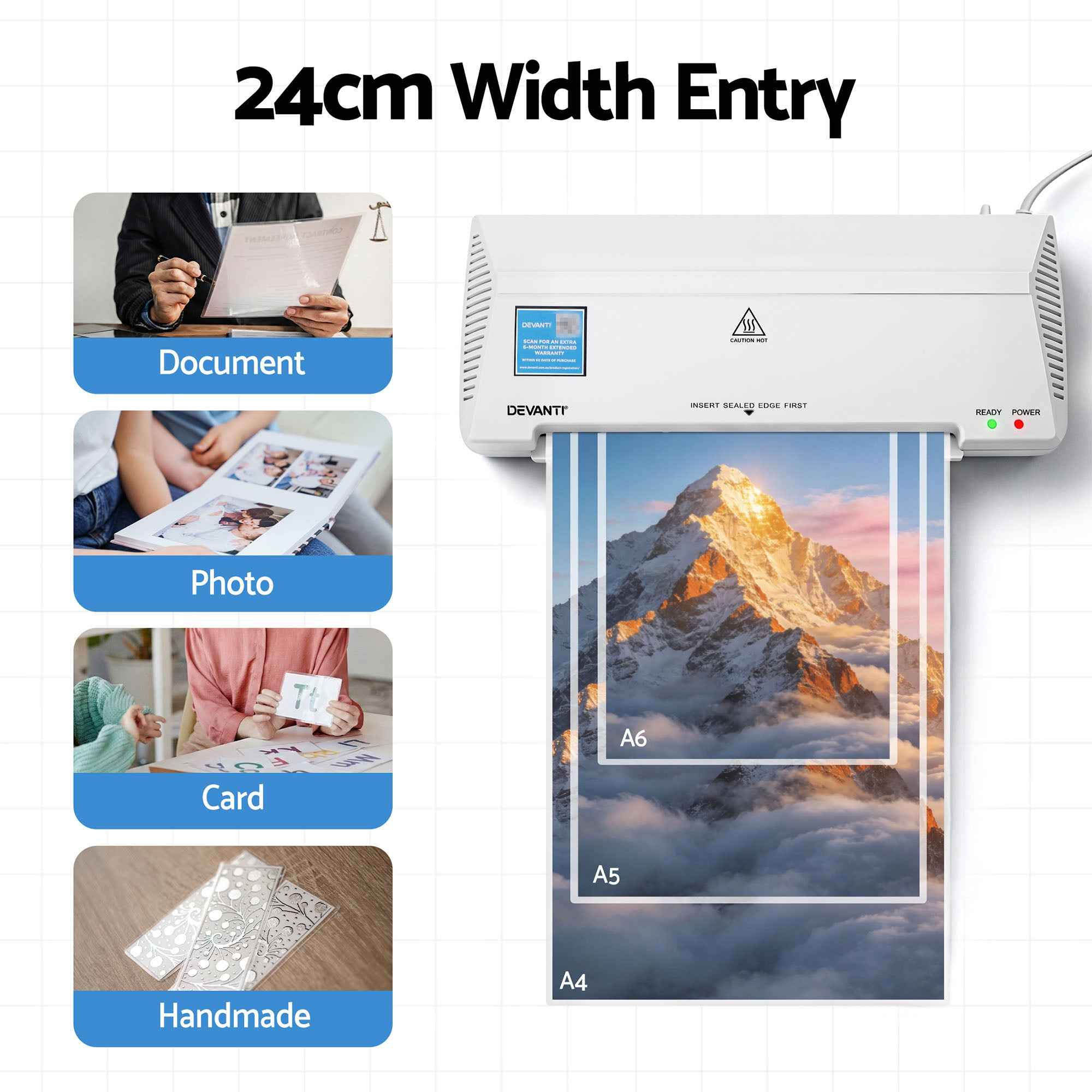 Devanti A4 Laminator Machine, Hot & Cold Thermal Fast Lamination Anti-Jam Laminator for Office School Home Document Photo Card Handmade A4 A5 A6, White