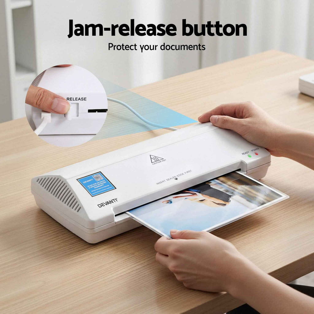 Devanti A4 Laminator Machine, Hot & Cold Thermal Fast Lamination Anti-Jam Laminator for Office School Home Document Photo Card Handmade A4 A5 A6, White