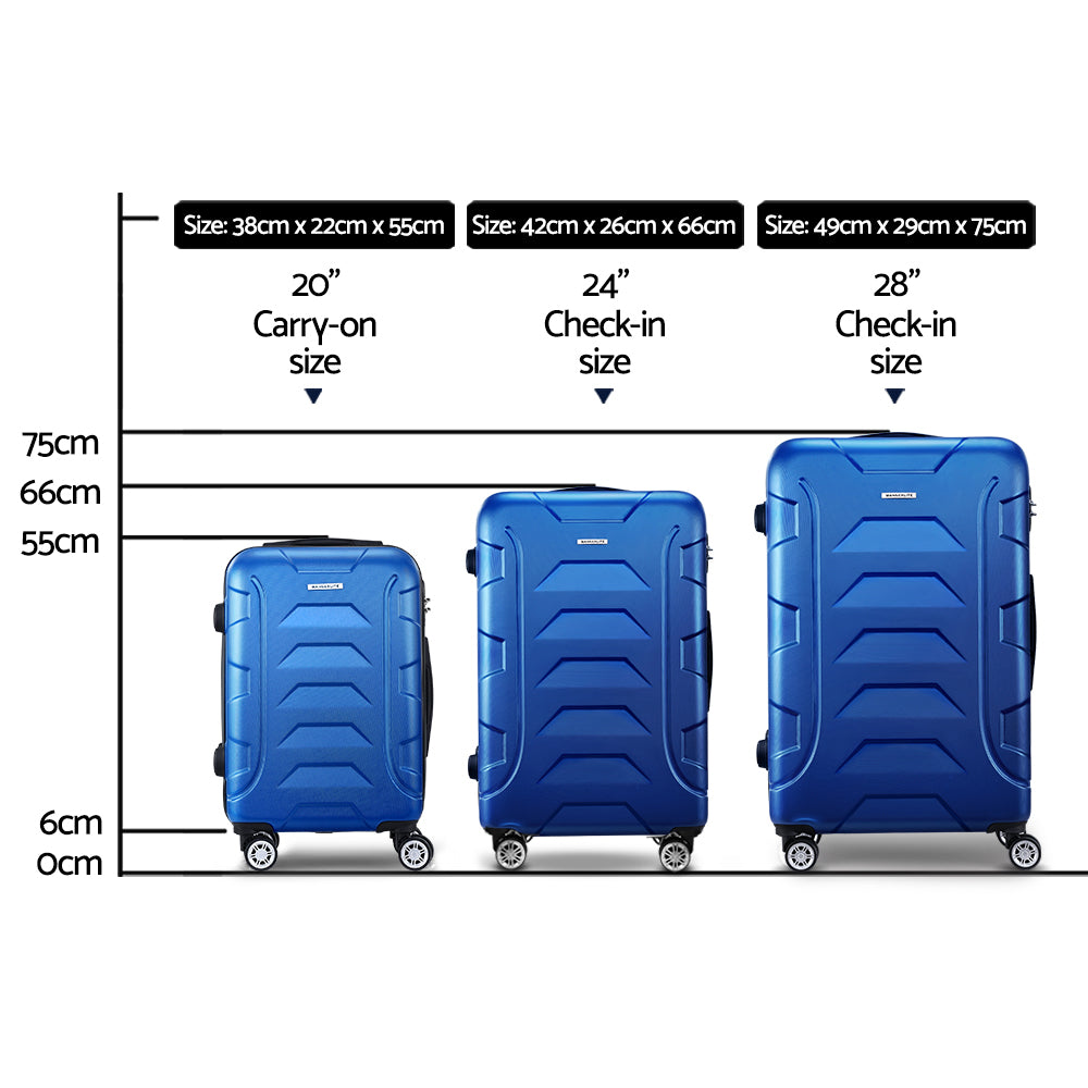Wanderlite 3pc Luggage Trolley Travel Suitcase Set TSA Hard Shell Case Strap Blue - YDS.com.au