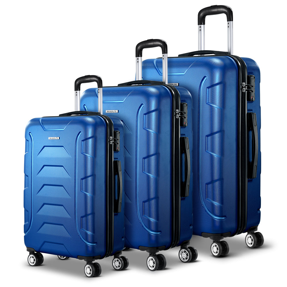 Wanderlite 3pc Luggage Trolley Travel Suitcase Set TSA Hard Shell Case Strap Blue - YDS.com.au