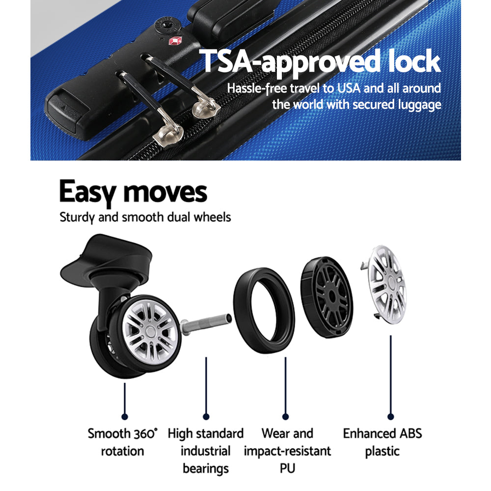 Wanderlite 3pc Luggage Trolley Travel Suitcase Set TSA Hard Shell Case Strap Blue - YDS.com.au