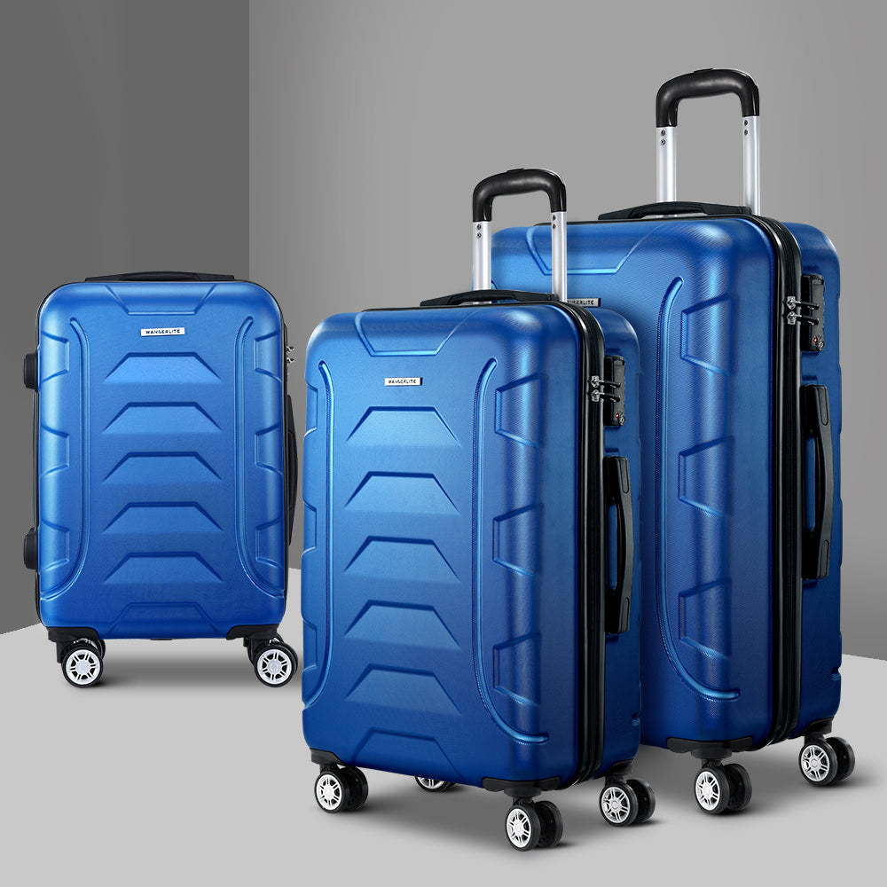Wanderlite 3pc Luggage Trolley Travel Suitcase Set TSA Hard Shell Case Strap Blue - YDS.com.au
