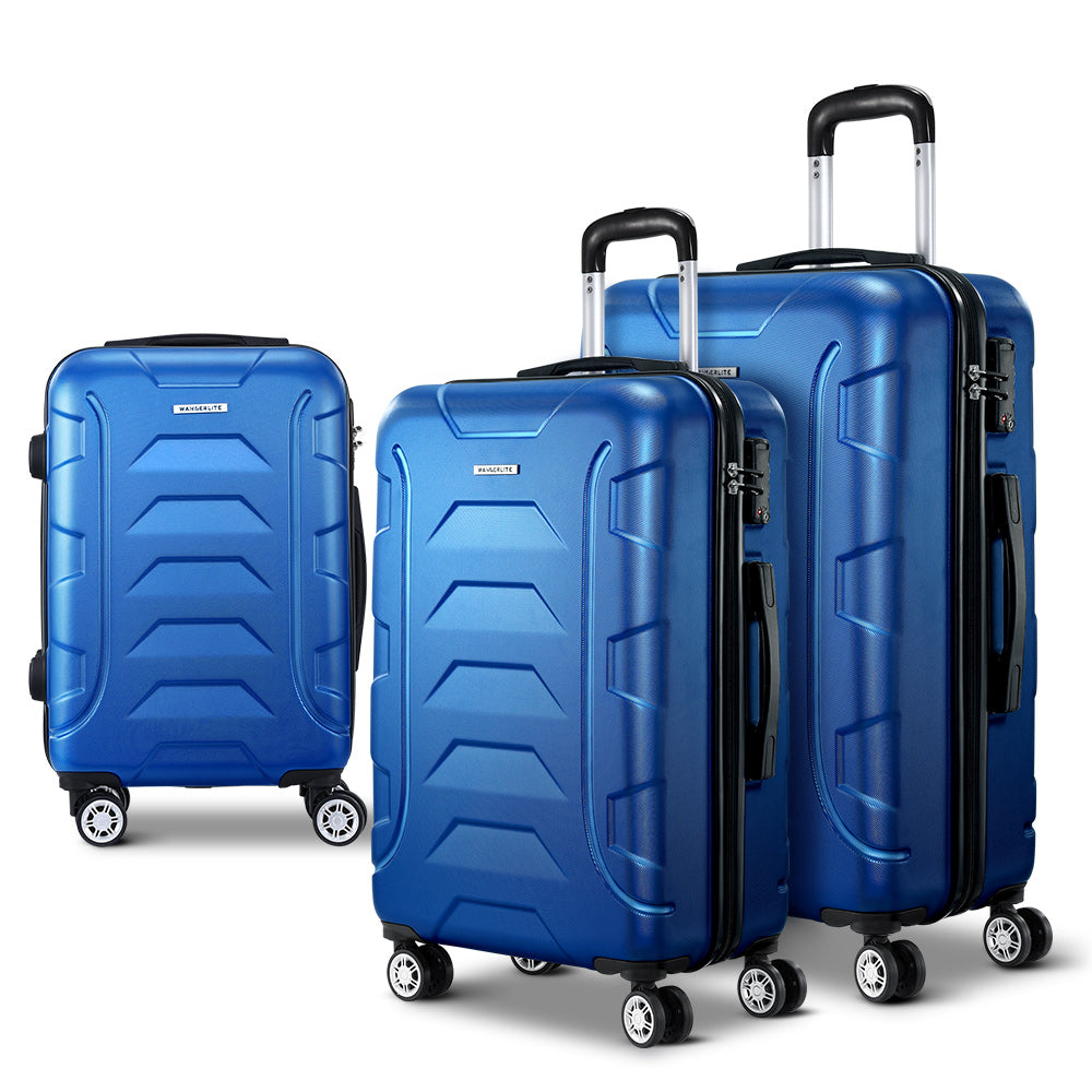 Wanderlite 3pc Luggage Trolley Travel Suitcase Set TSA Hard Shell Case Strap Blue - YDS.com.au