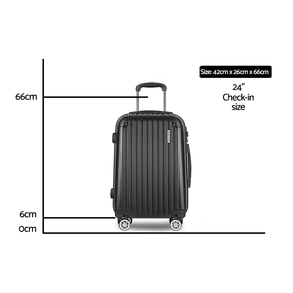 Wanderlite 24" 66cm Luggage Trolley Travel Set Suitcase Carry On Hard Case TSA Lock Lightweight Black - YDS.com.au