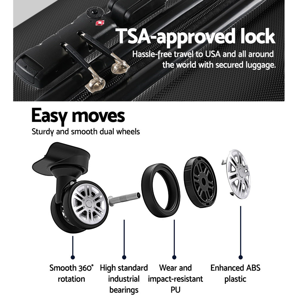 Wanderlite 24" 66cm Luggage Trolley Travel Set Suitcase Carry On Hard Case TSA Lock Lightweight Black - YDS.com.au