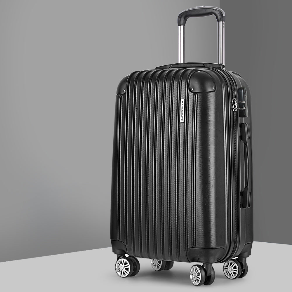 Wanderlite 24" 66cm Luggage Trolley Travel Set Suitcase Carry On Hard Case TSA Lock Lightweight Black - YDS.com.au