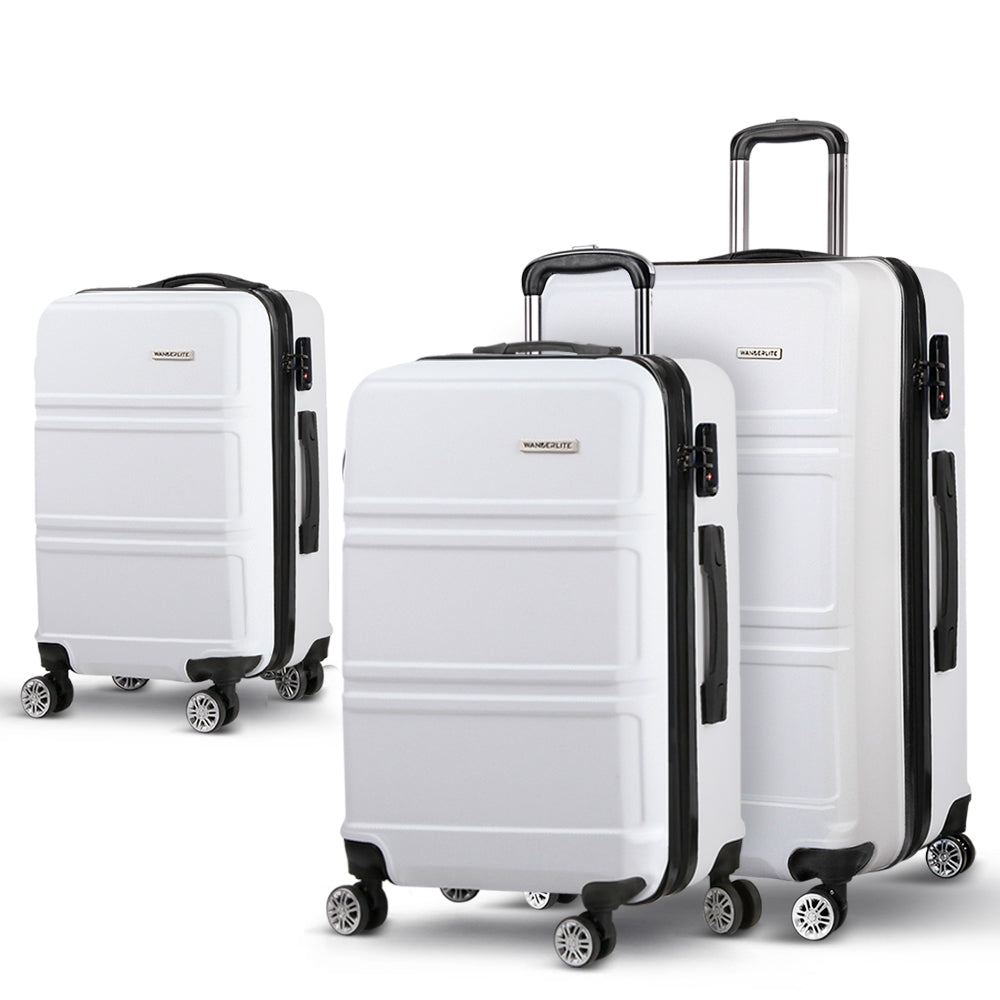 Wanderlite 3pc Luggage Trolley Set Suitcase Travel TSA Carry On Hard Case Lightweight White - YDS.com.au