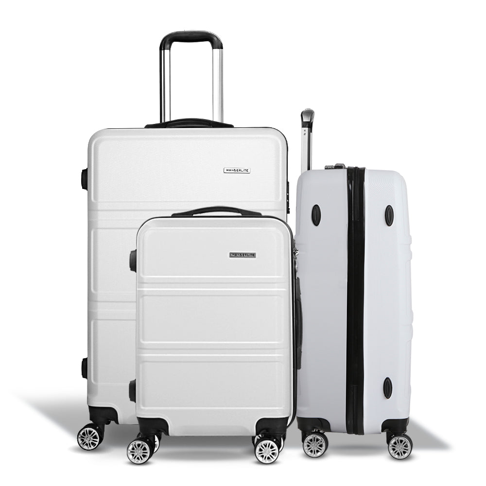 Wanderlite 3pc Luggage Trolley Set Suitcase Travel TSA Carry On Hard Case Lightweight White - YDS.com.au
