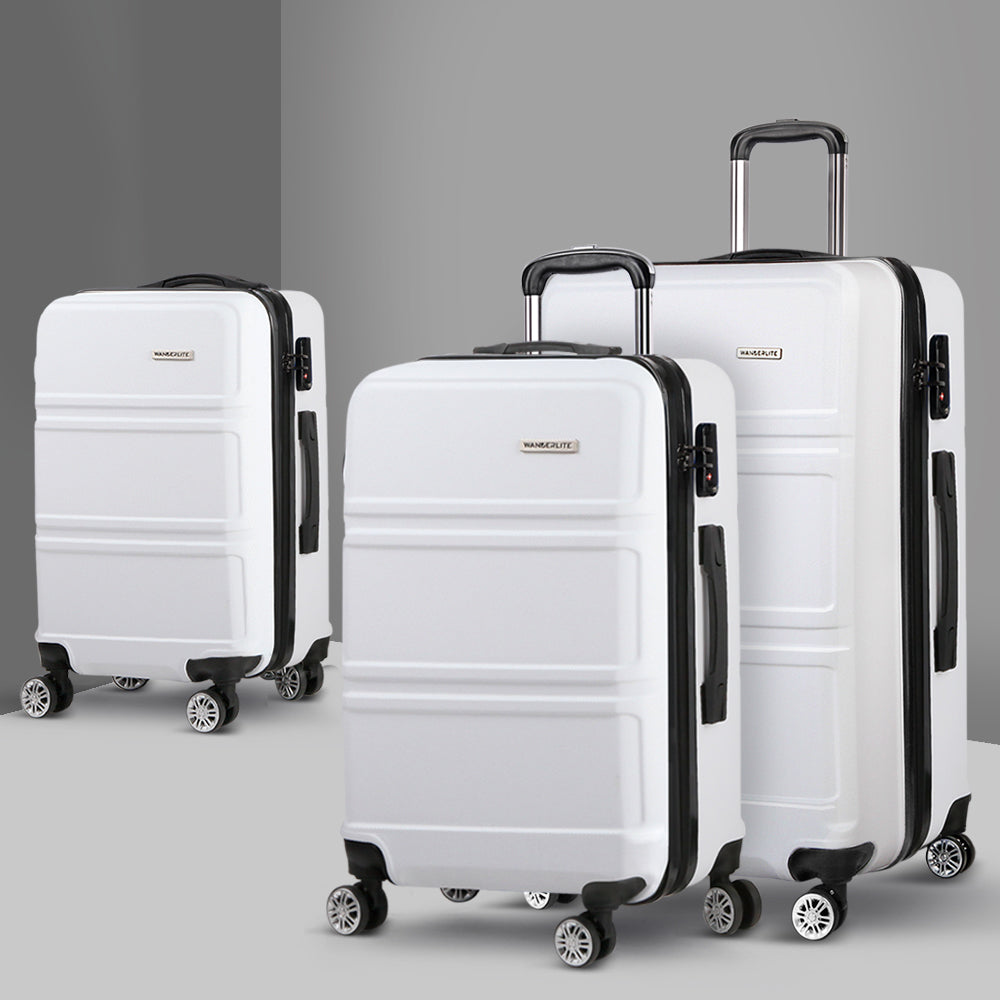 Wanderlite 3pc Luggage Trolley Set Suitcase Travel TSA Carry On Hard Case Lightweight White - YDS.com.au