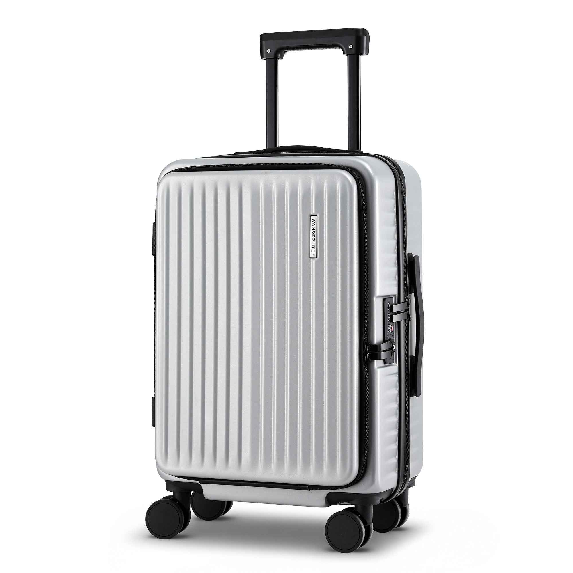 Wanderlite 20" Luggage Suitcase Front Pocket Travel Carry On Dual TSA Silver