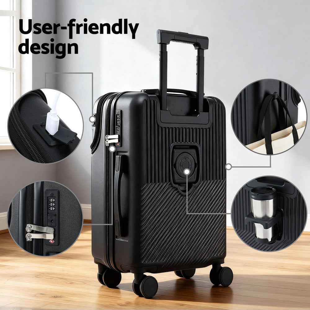 Wanderlite 20" Luggage Suitcase Front Pocket Travel Carry On TSA Black