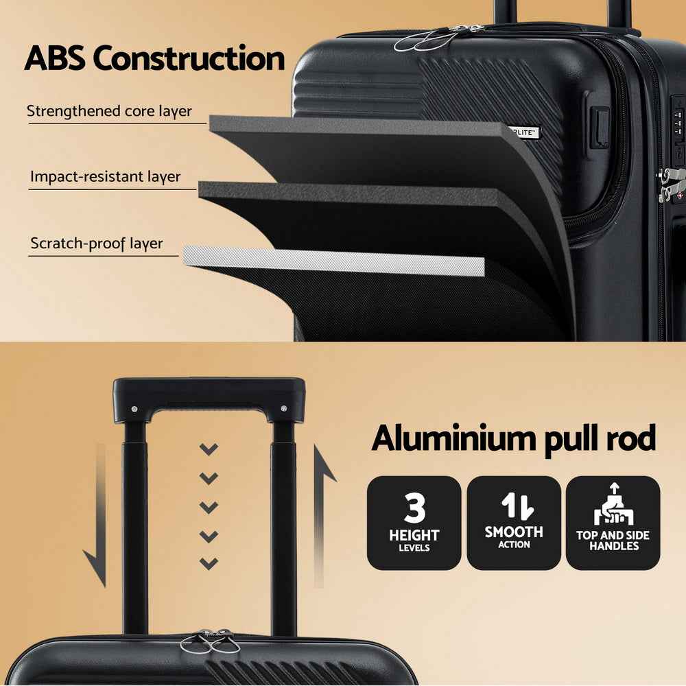 Wanderlite 20" Luggage Suitcase Front Pocket Travel Carry On TSA Black