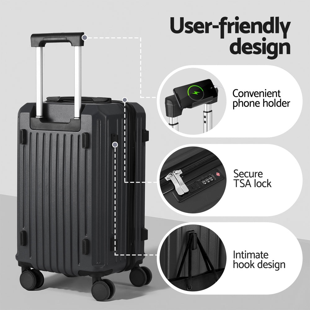 Wanderlite 2pcs Trunk Luggage Suitcase Travel Carry On TSA Lock 12" 20" Black - YDS.com.au