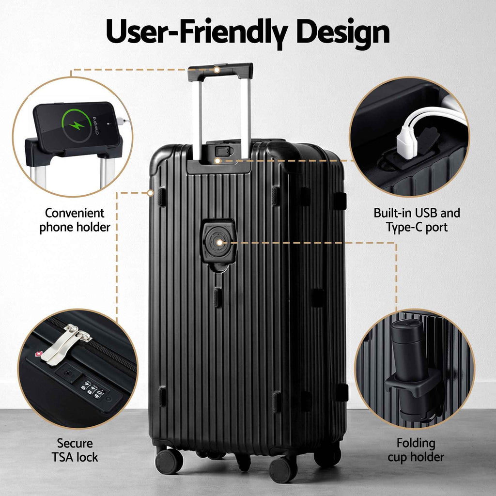 Wanderlite 28" Trunk Luggage Suitcase Travel 5 Wheels Type-C Port TSA Black
