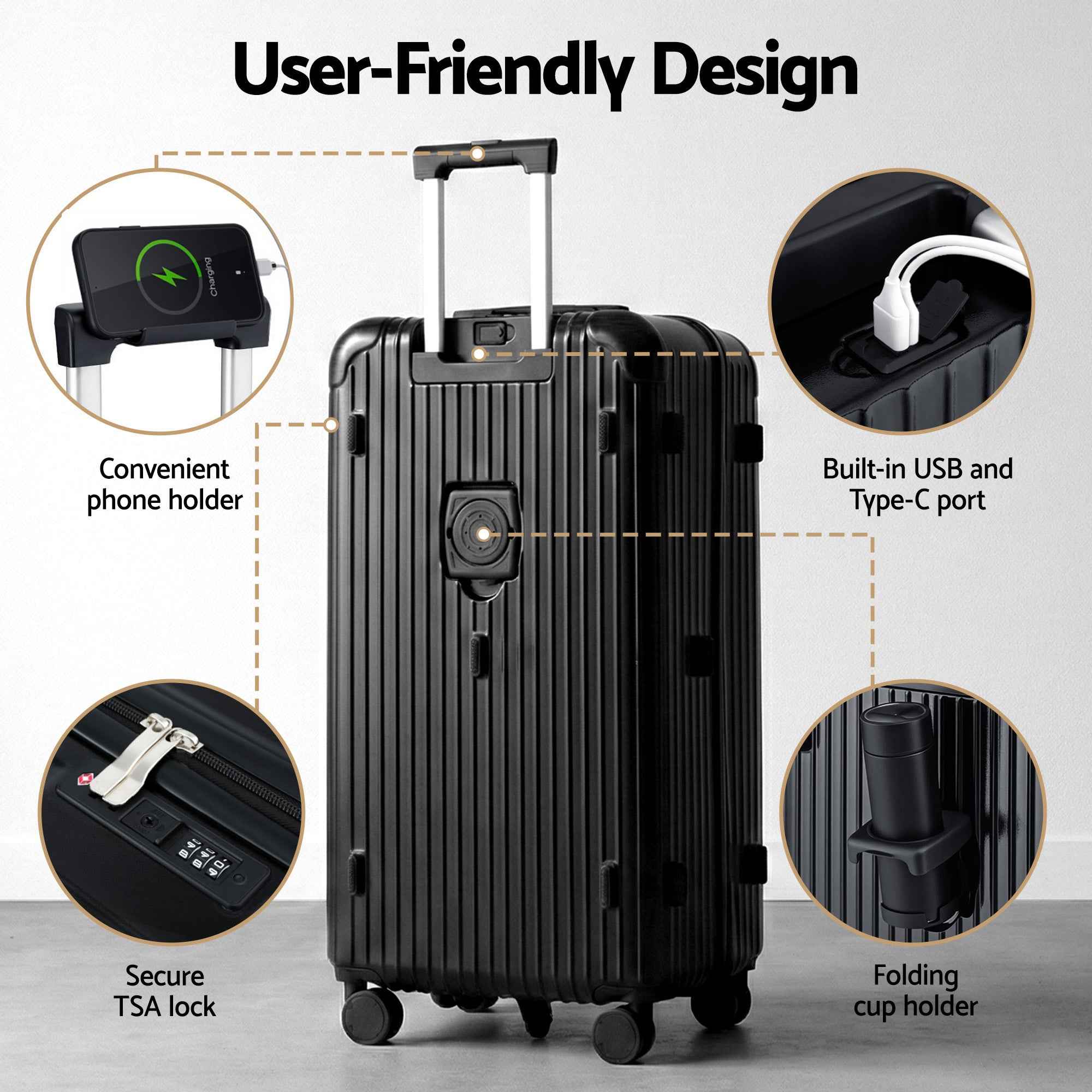 Wanderlite 28" Trunk Luggage Suitcase Travel 5 Wheels Type-C Port TSA Black