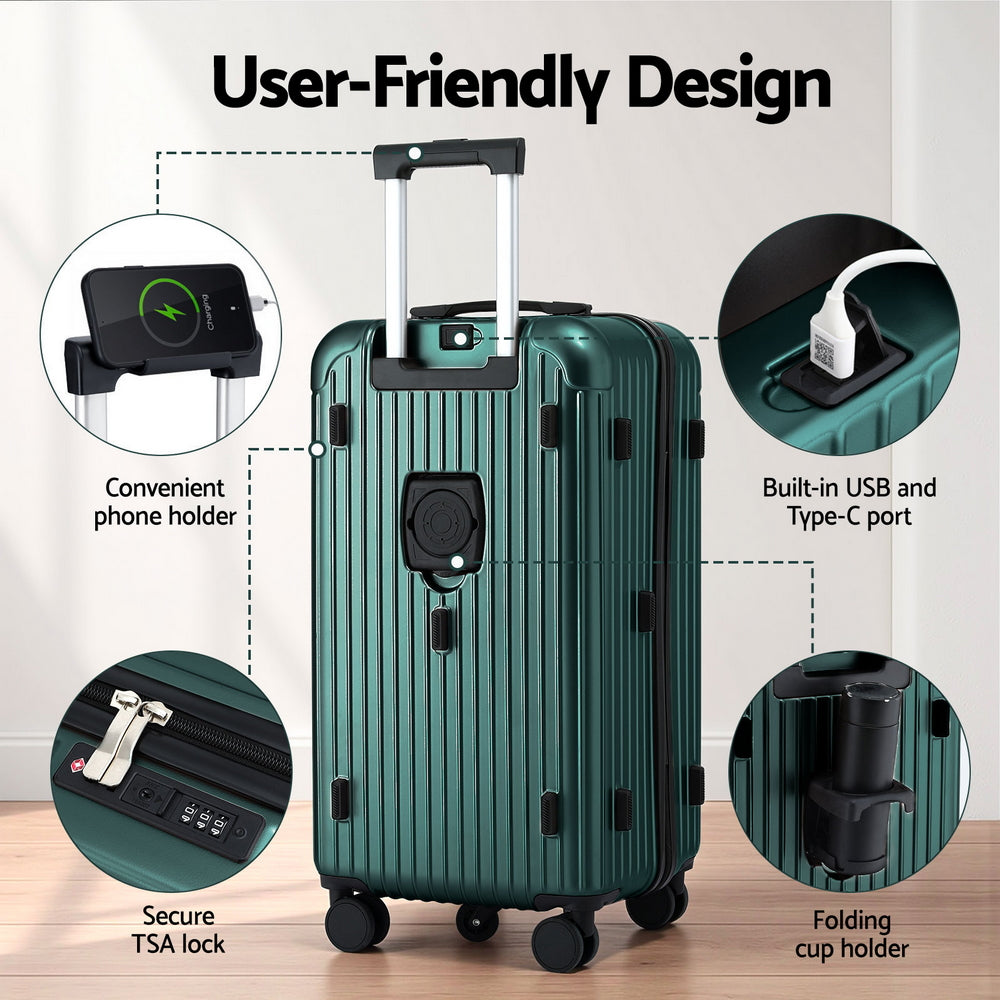 Wanderlite 28" Trunk Luggage Suitcase Travel 5 Wheels Type-C Port TSA Green - YDS.com.au