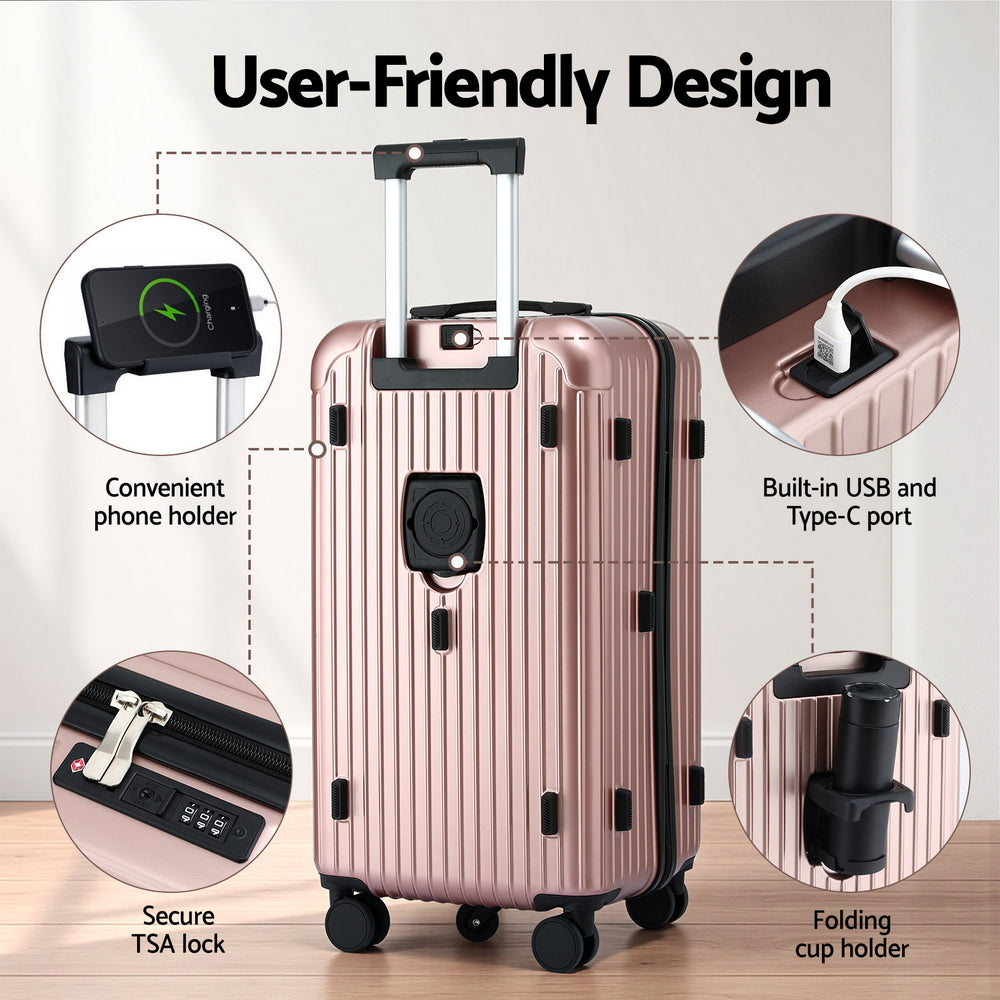 Wanderlite 28" Trunk Luggage Suitcase Travel 5 Wheels Type-C Port TSA Rose Gold - YDS.com.au