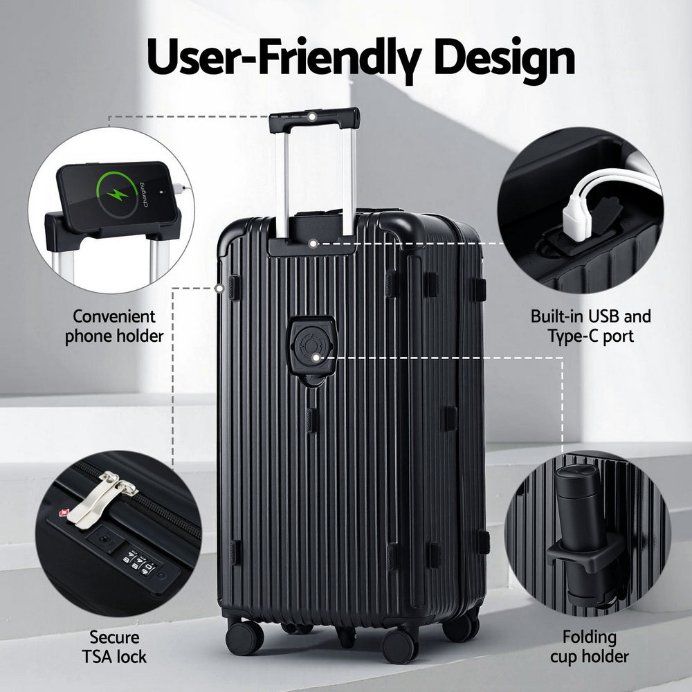 Wanderlite 32" Trunk Luggage Suitcase Travel 5 Wheels Type-C Port TSA Black - YDS.com.au