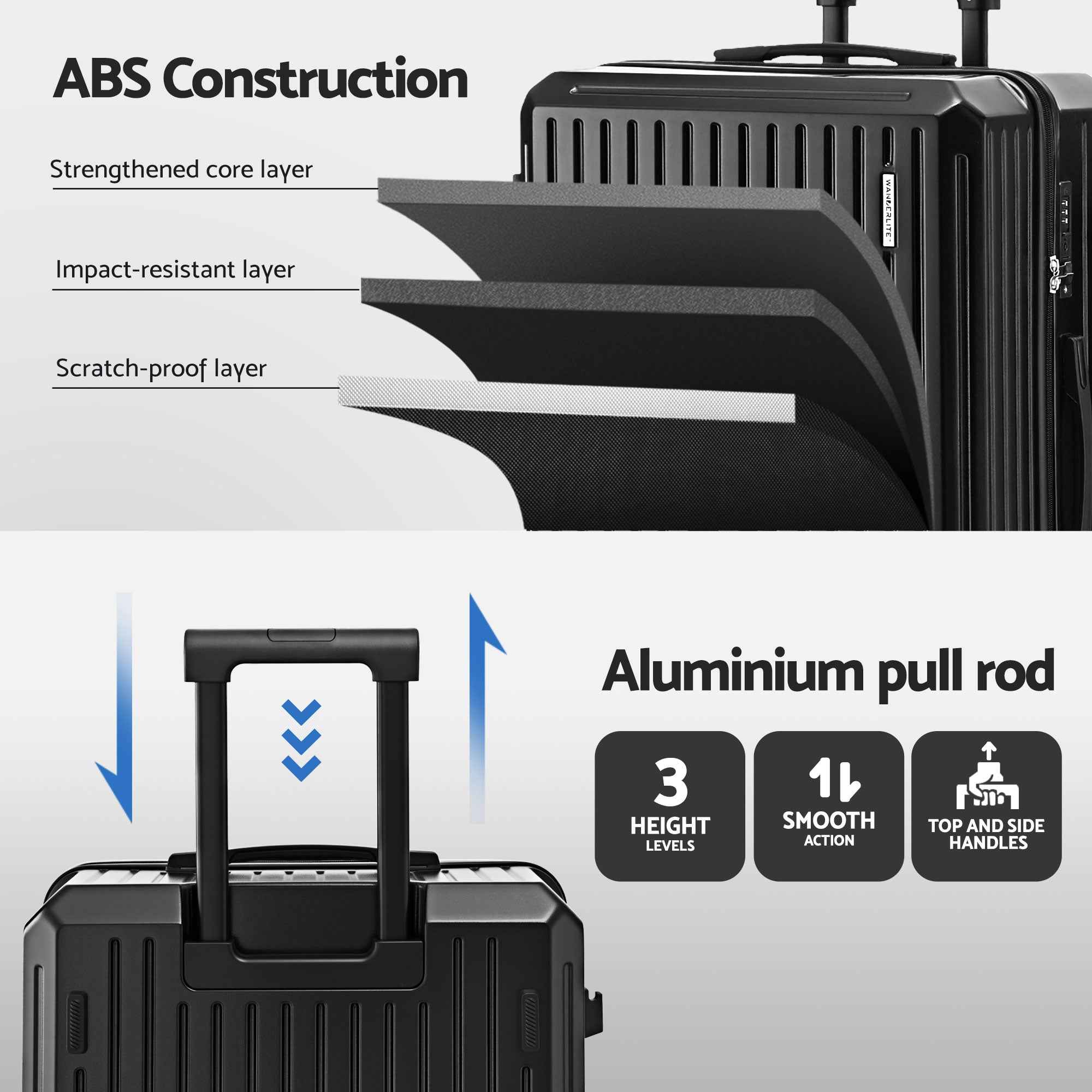Wanderlite 4pcs Trunk Luggage Suitcase Set Travel Carry On TSA Lock Black