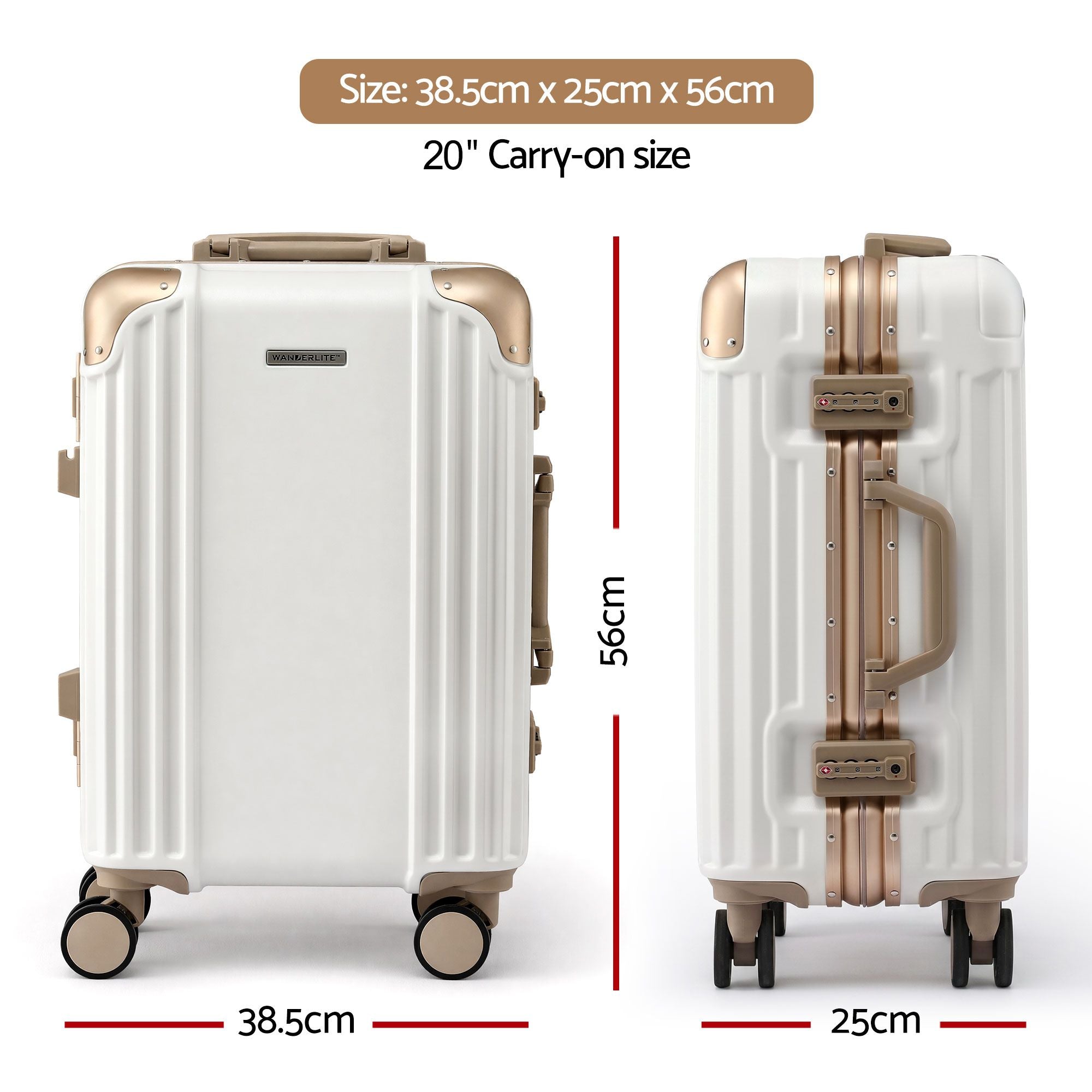 Wanderlite 20" Aluminium Frame Carry On Luggage Suitcase TSA Lock Spinner Wheels White Gold