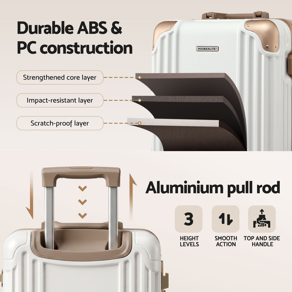 Wanderlite 20" Aluminium Frame Carry On Luggage Suitcase TSA Lock Spinner Wheels White Gold