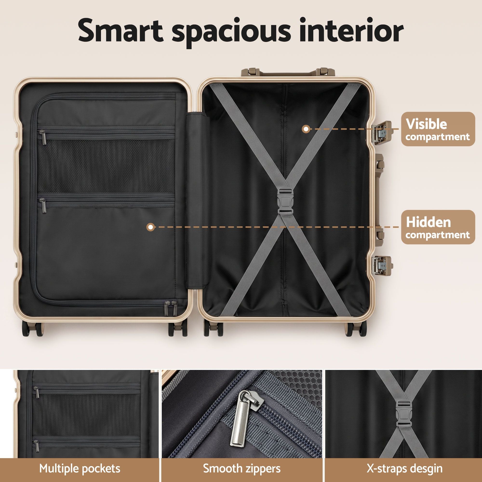 Wanderlite 20" Aluminium Frame Carry On Luggage Suitcase TSA Lock Spinner Wheels White Gold