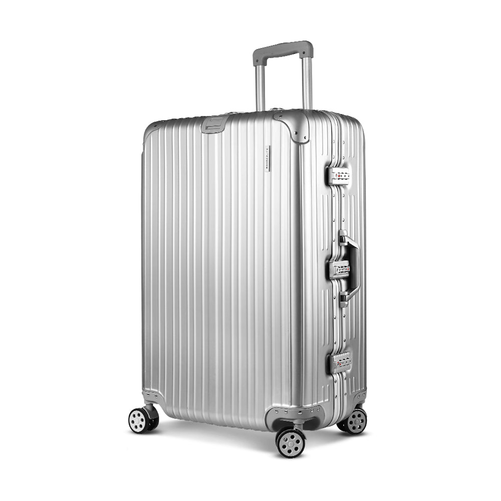 Wanderlite 28" Luggage Trolley Travel Suitcase Set TSA Carry On Lightweight Aluminum Silver - YDS.com.au