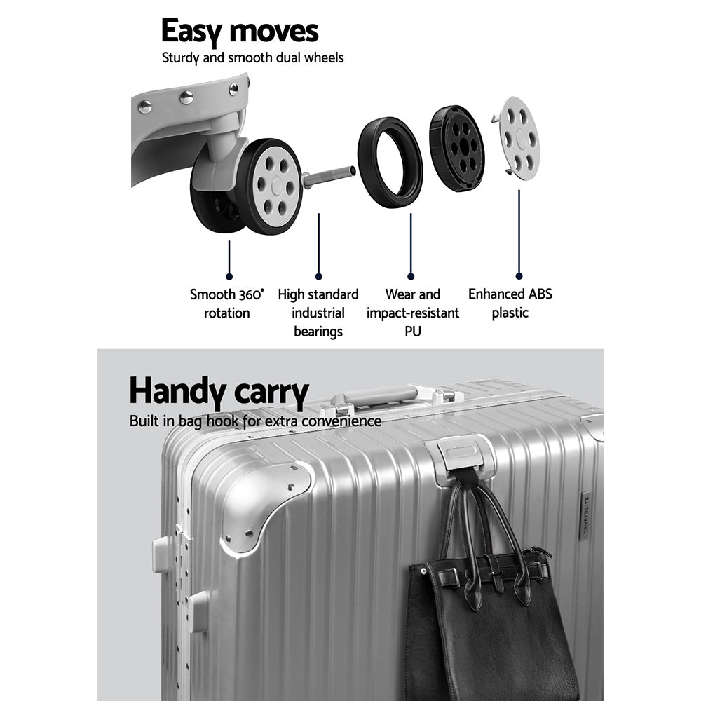 Wanderlite 28" Luggage Trolley Travel Suitcase Set TSA Carry On Lightweight Aluminum Silver - YDS.com.au