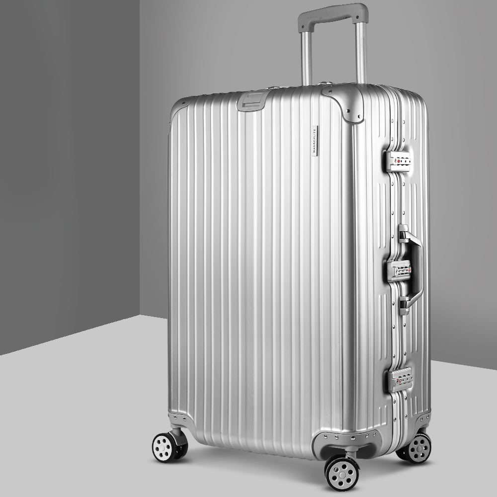 Wanderlite 28" Luggage Trolley Travel Suitcase Set TSA Carry On Lightweight Aluminum Silver - YDS.com.au