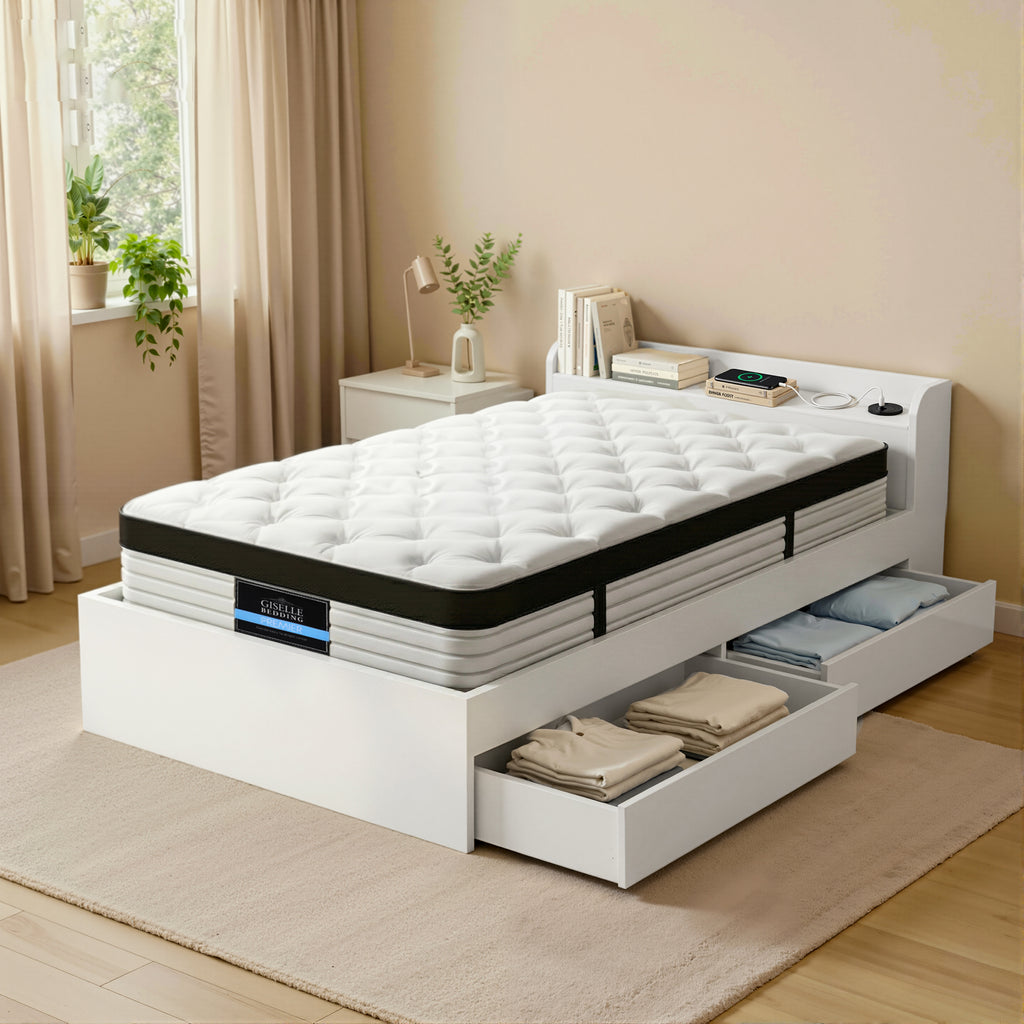 Giselle Single Mattress 5-zone Pocket Spring Mattresses with Artiss Wooden Storage Bed Frame Set