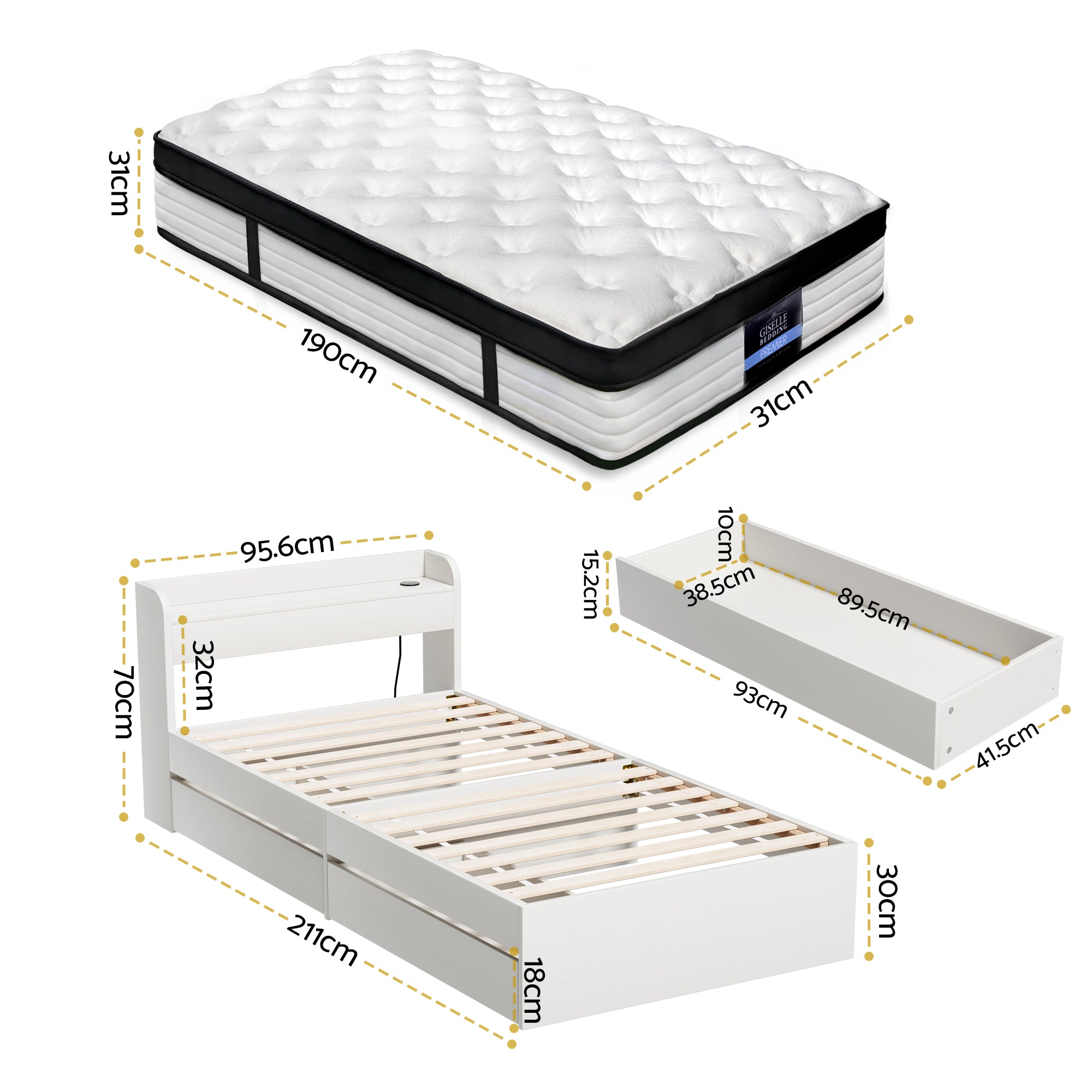 Giselle Single Mattress 5-zone Pocket Spring Mattresses with Artiss Wooden Storage Bed Frame Set