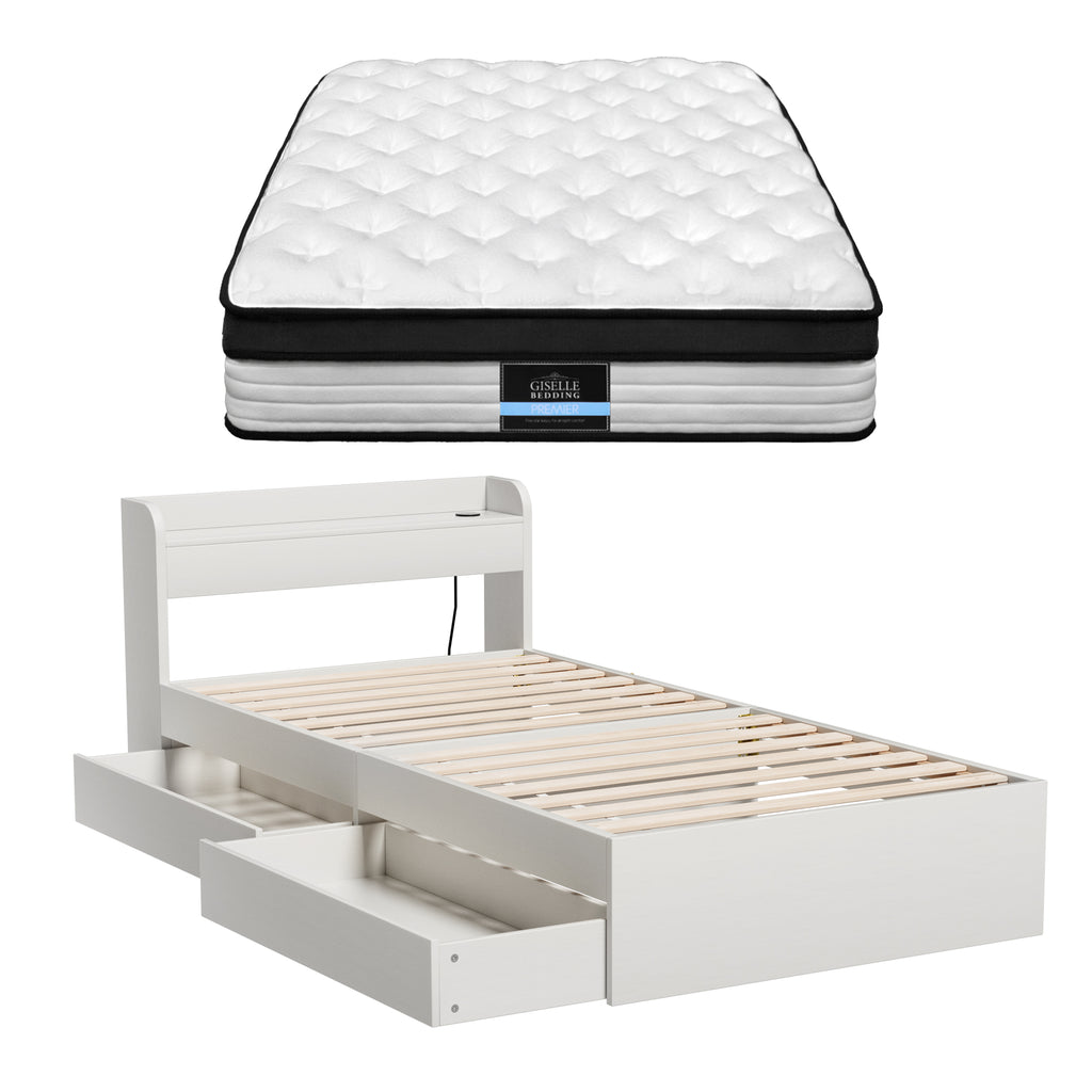 Giselle Single Mattress 5-zone Pocket Spring Mattresses with Artiss Wooden Storage Bed Frame Set