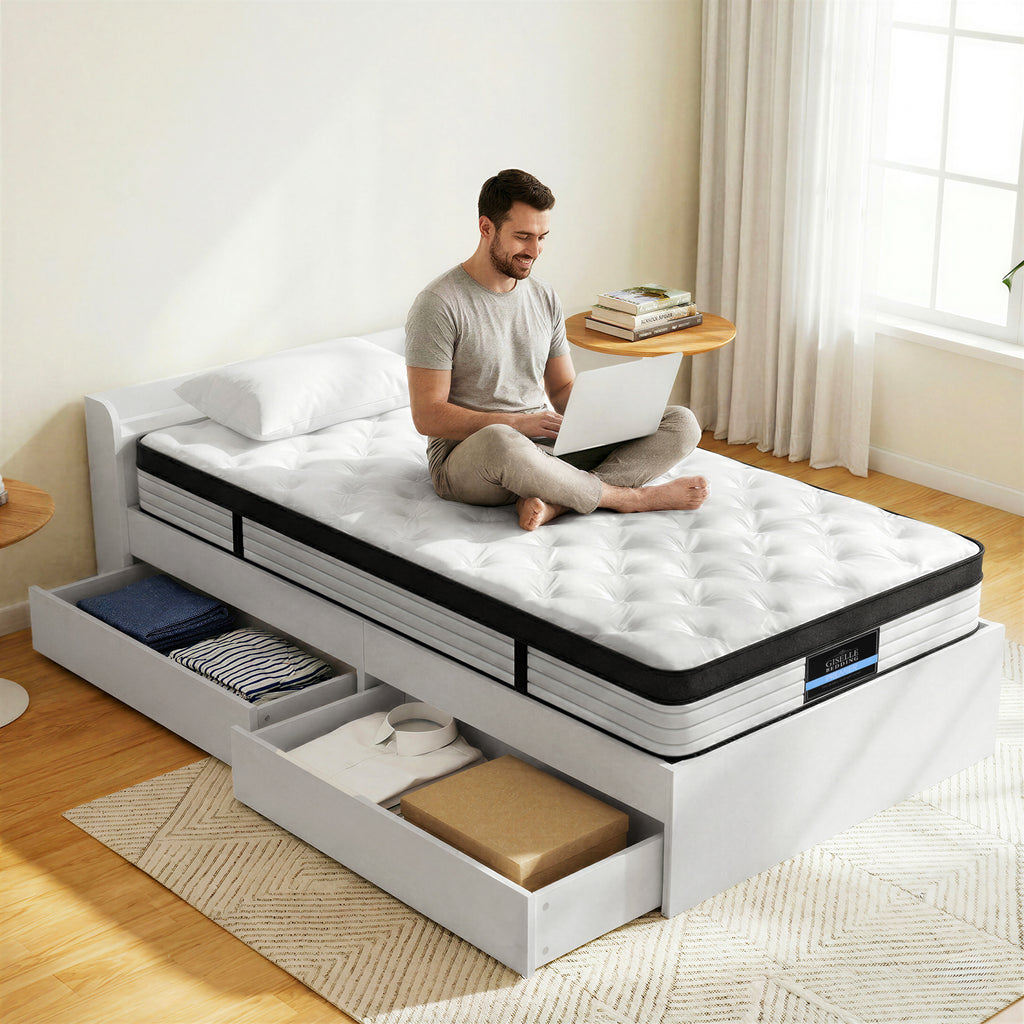 Giselle Single Mattress 5-zone Pocket Spring Mattresses with Artiss Wooden Storage Bed Frame Set