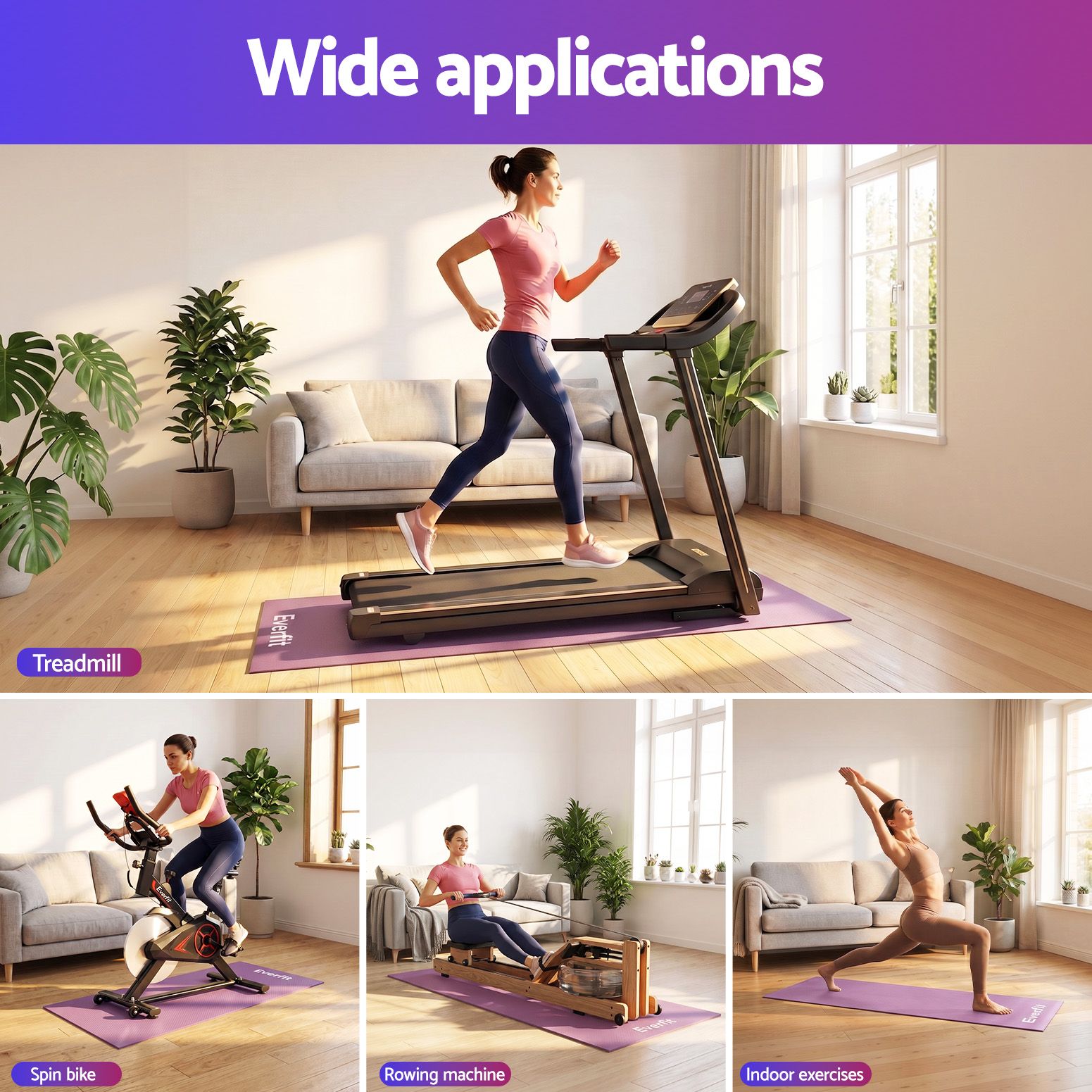 Everfit Exercise Equipment Mat 1.8M Treadmill Floor Rug Home Gym Fitness Purple