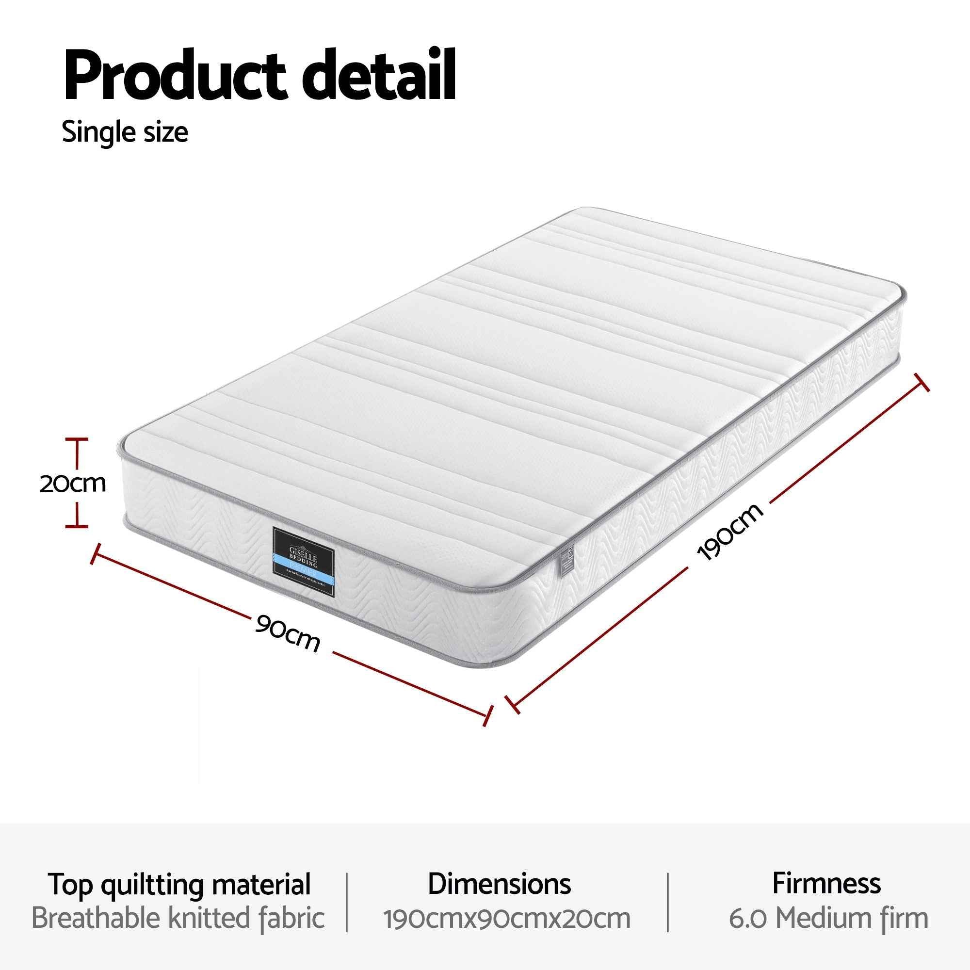 Giselle Single Mattress 20cm with Reinforced Edge Support Egg-Crate Foam