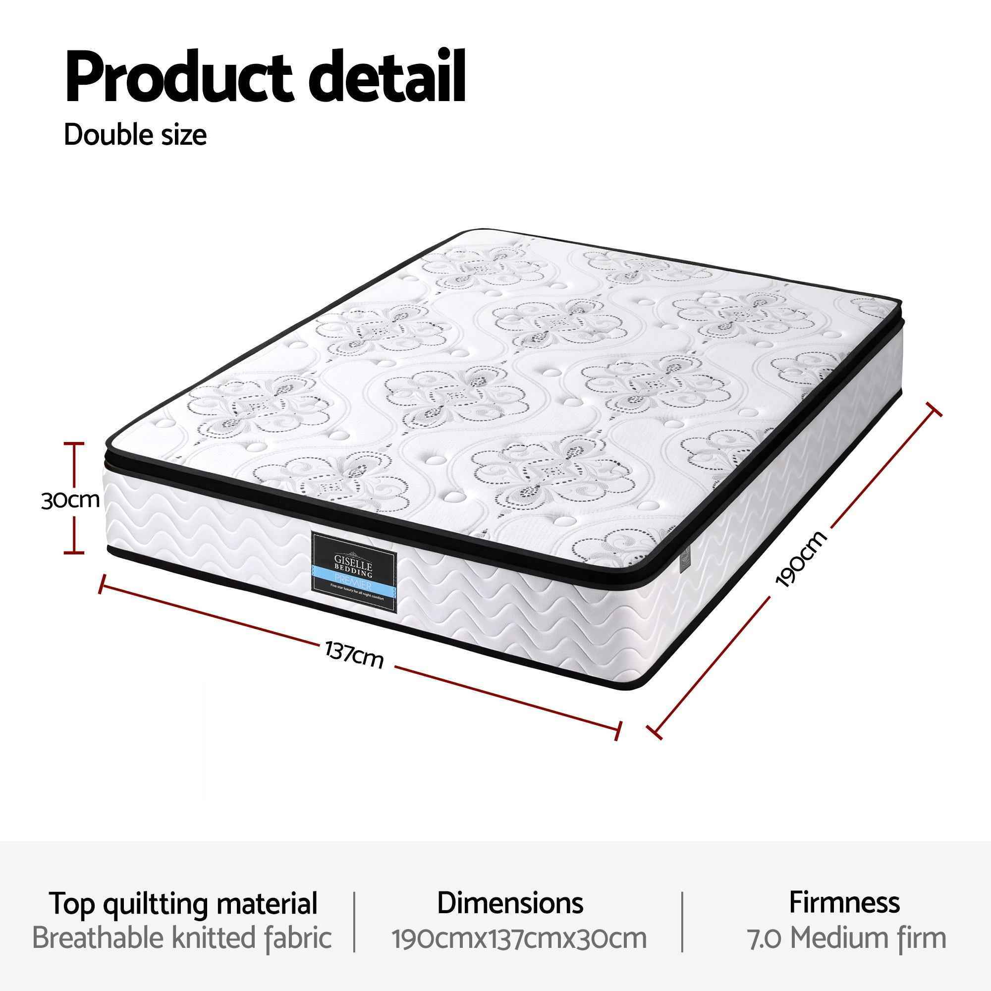 Giselle Bedding 30cm Mattress Pocket Spring Medium Firm Foam Euro Top Double