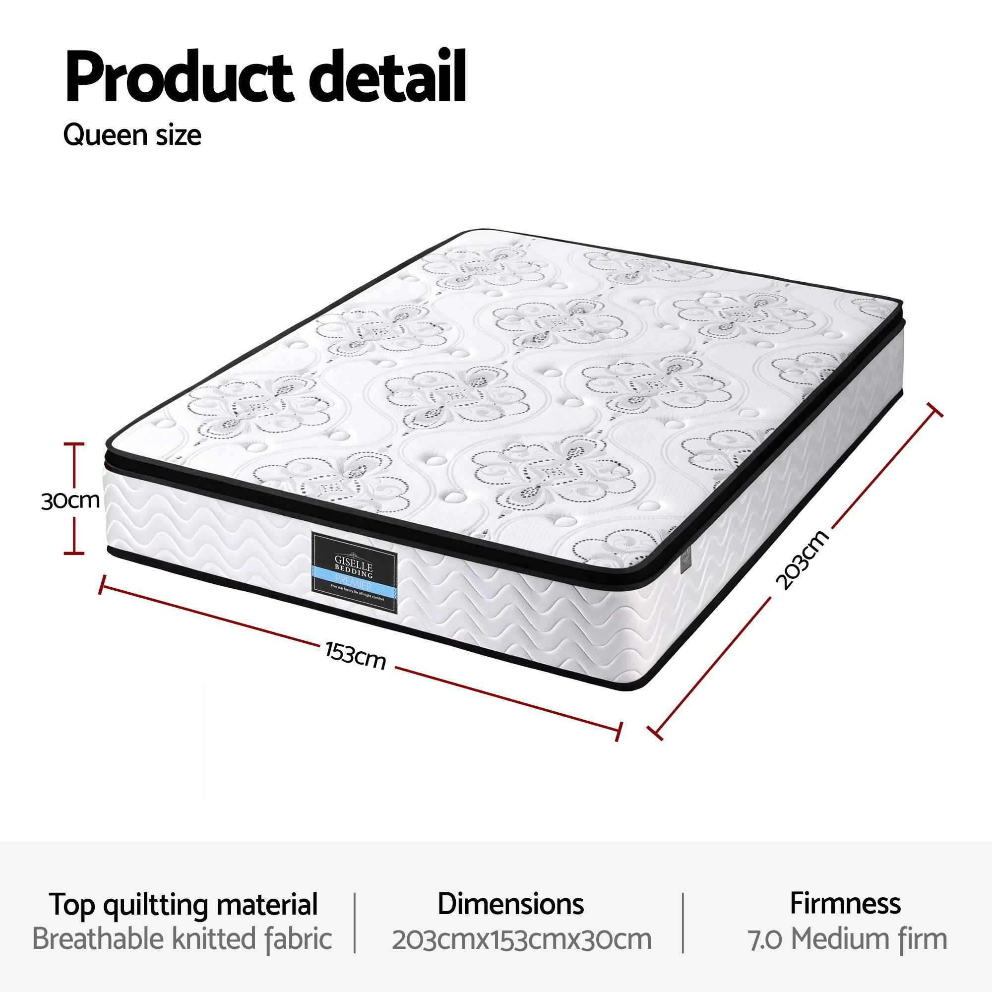 Giselle Bedding 30cm Mattress Pocket Spring Medium Firm Foam Euro Top Queen