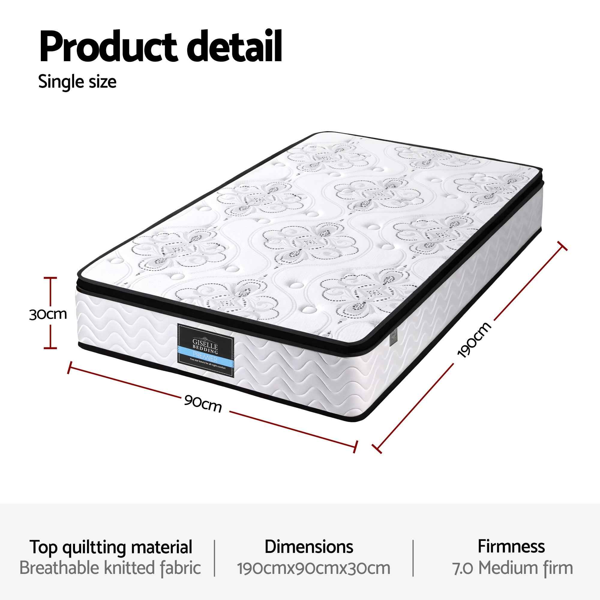 Giselle Bedding 30cm Mattress Pocket Spring Medium Firm Foam Euro Top Single