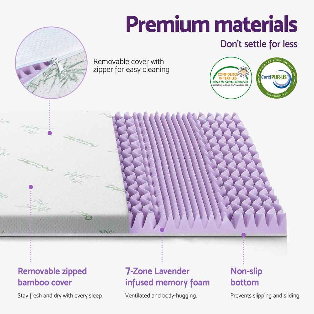 Giselle 8cm Memory Foam Mattress Topper Lavender Infused Bamboo Cover 7-Zone King Single