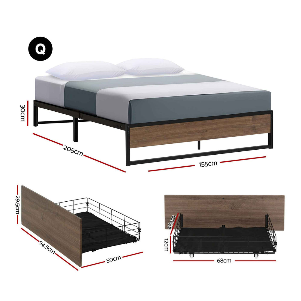 Artiss Bed Frame Metal Frame Queen Size Bed Base 2 Drawers OSLO
