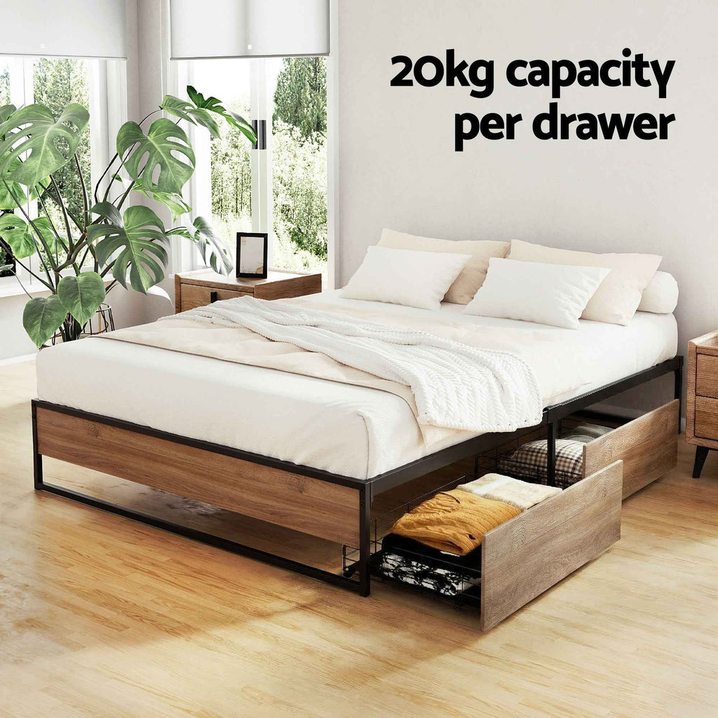 Artiss Bed Frame Metal Frame Queen Size Bed Base 2 Drawers OSLO