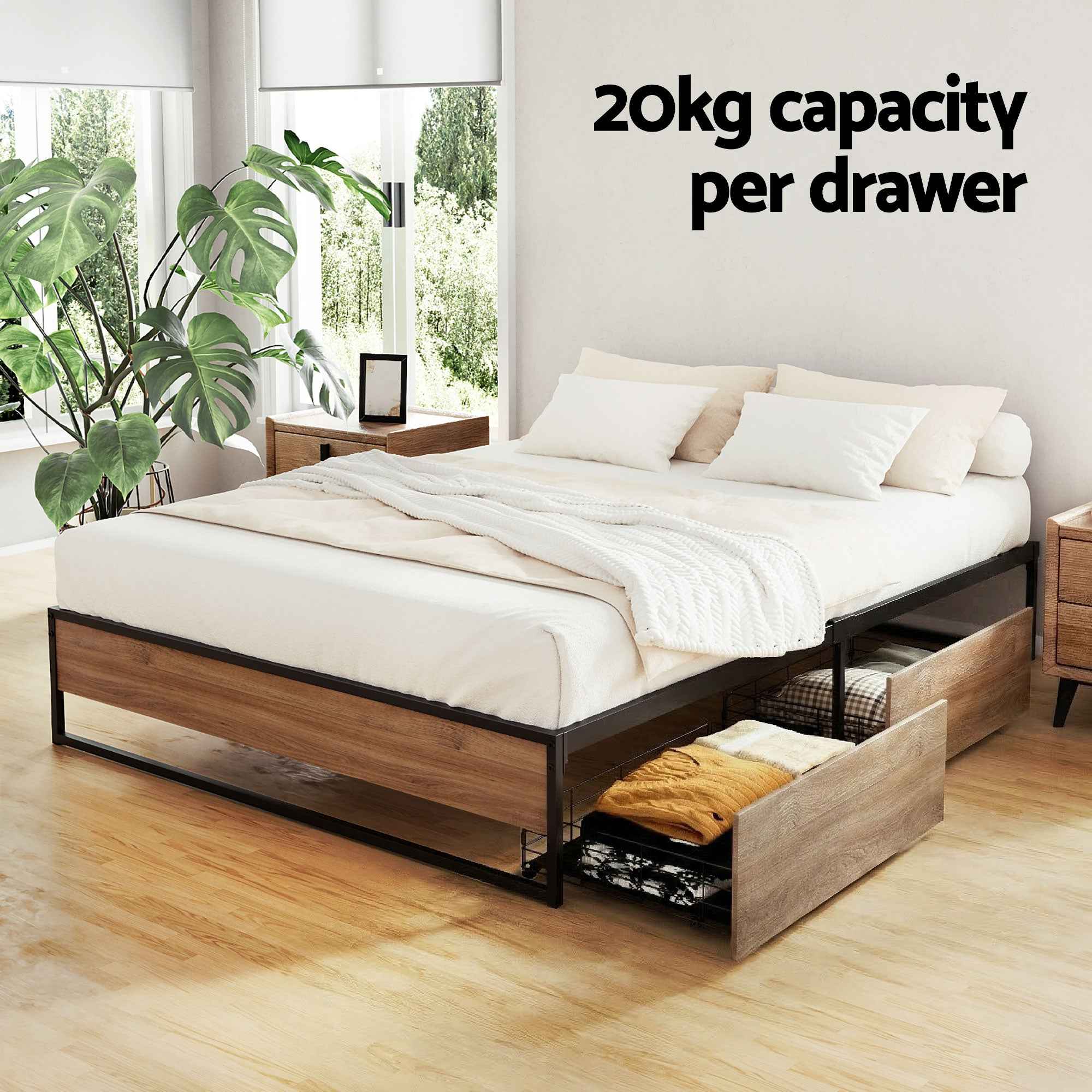 Artiss Bed Frame Metal Frame Queen Size Bed Base 2 Drawers OSLO