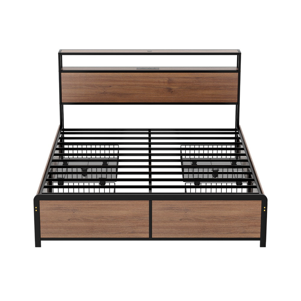 Artiss Metal Bed Frame Double Size with 2-Tier Storage Headboard Metal Platform with 4 Storage Drawers Built in Charging Station & LED Noise-Free/Metal Support/No Box Spring Needed Vintage Brown