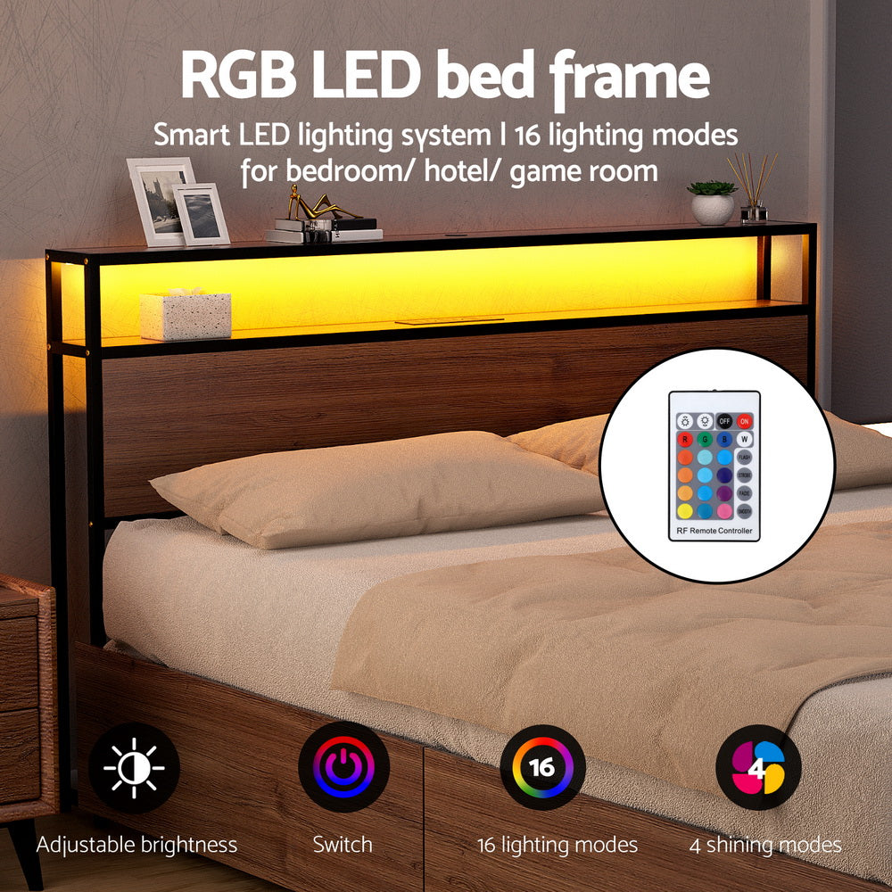 Artiss Metal Bed Frame Double Size with 2-Tier Storage Headboard Metal Platform with 4 Storage Drawers Built in Charging Station & LED Noise-Free/Metal Support/No Box Spring Needed Vintage Brown