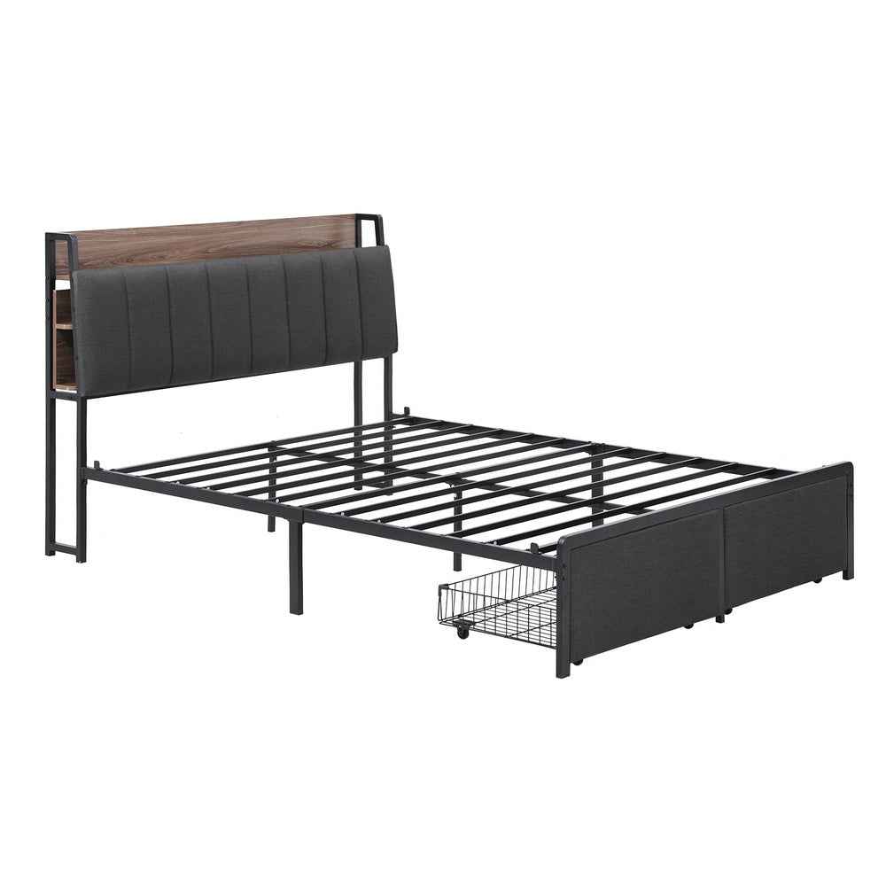 Artiss Metal Bed Frame Double Size with 2-Tier Hidden Storage with Charging Station
