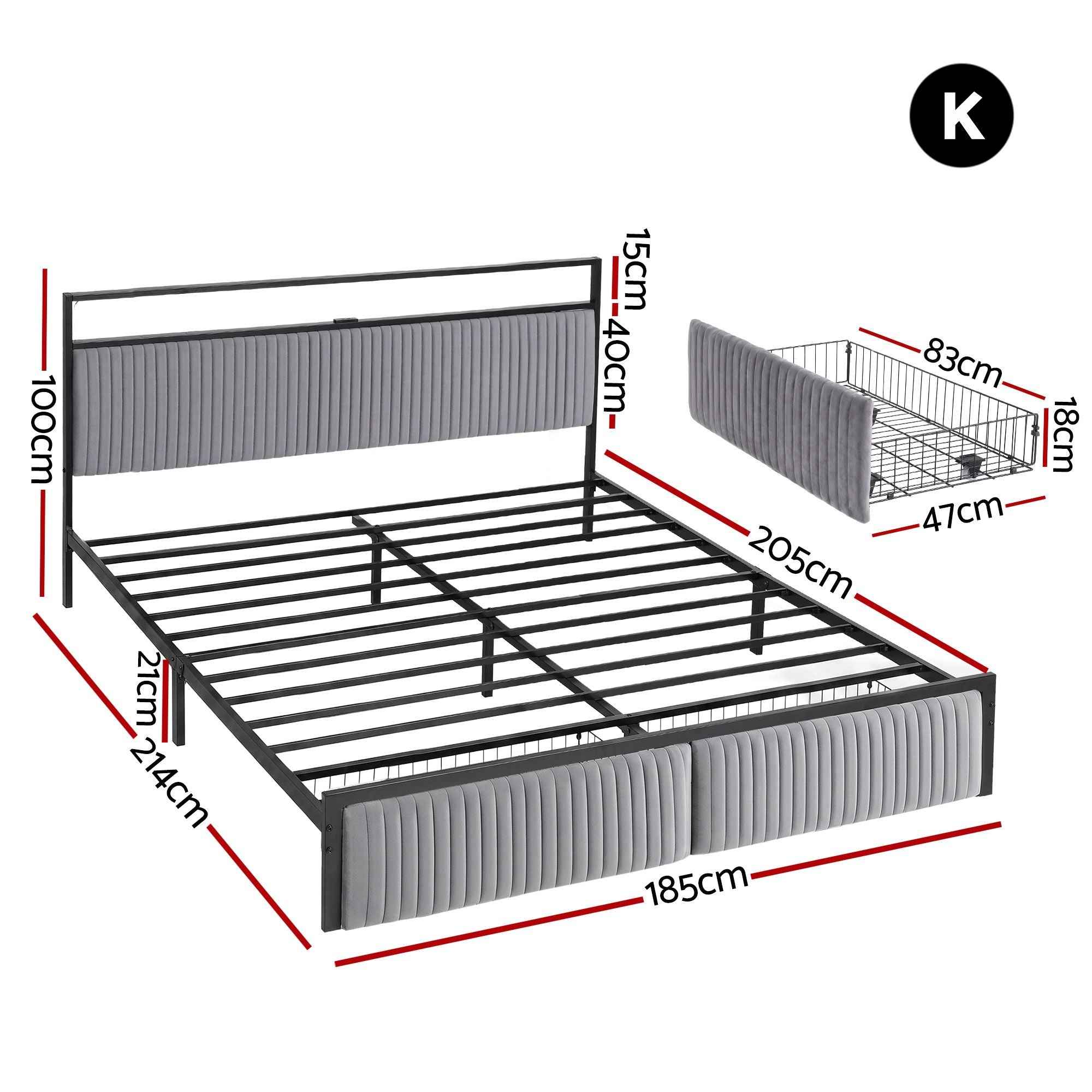 Artiss Metal Bed Frame King Size LED Charging Station 2 Drawers