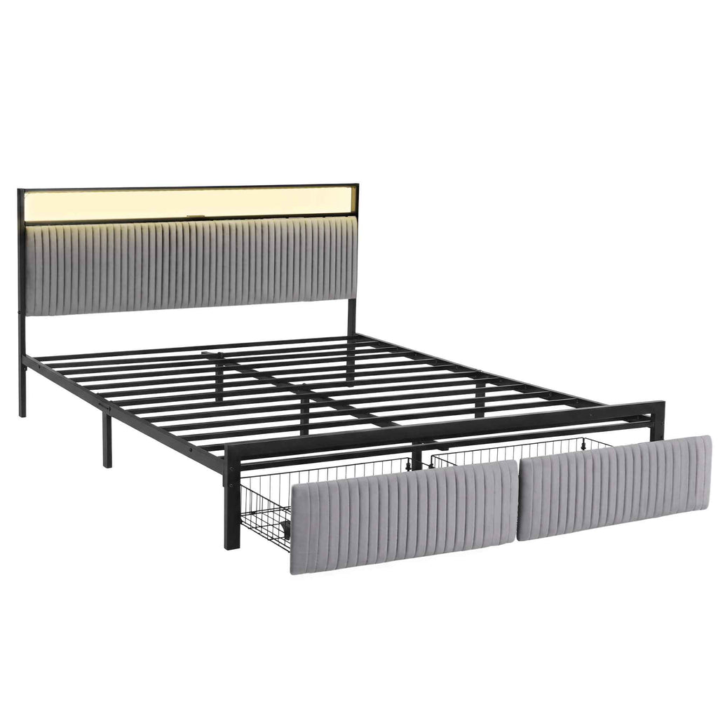 Artiss Metal Bed Frame King Size LED Charging Station 2 Drawers