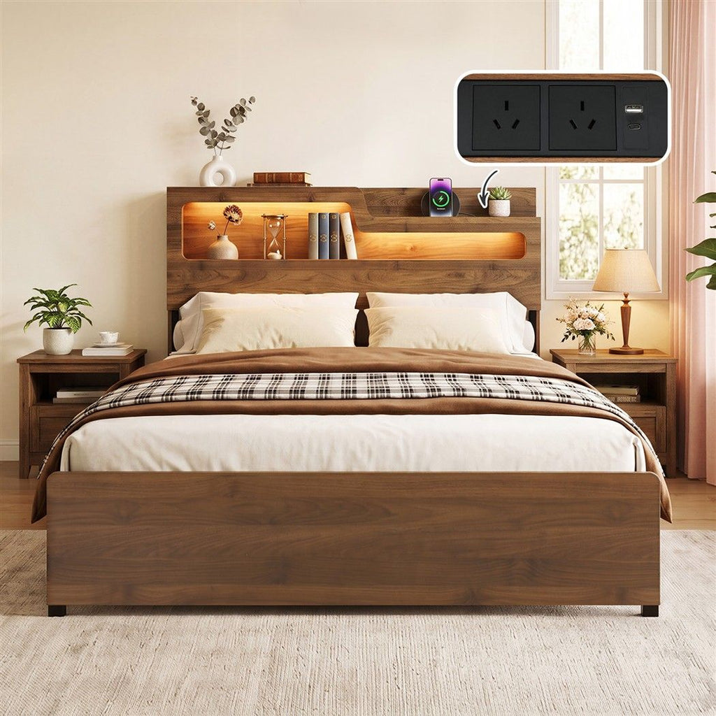 Artiss Double Bed Frame Metal with Charging Station LED Light Storage Shelf