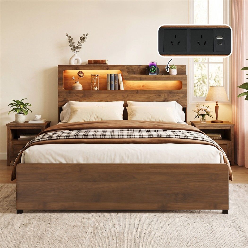 Artiss Double Bed Frame Metal with Charging Station LED Light Storage Shelf